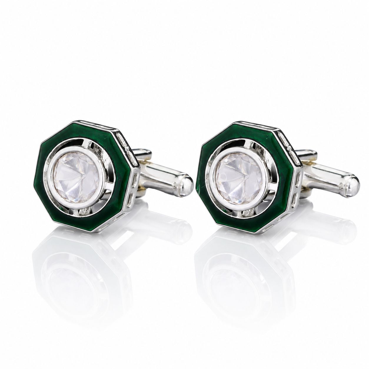 Green Enamel Bezel Setting Diamond White Gold Finish Mens Cufflink