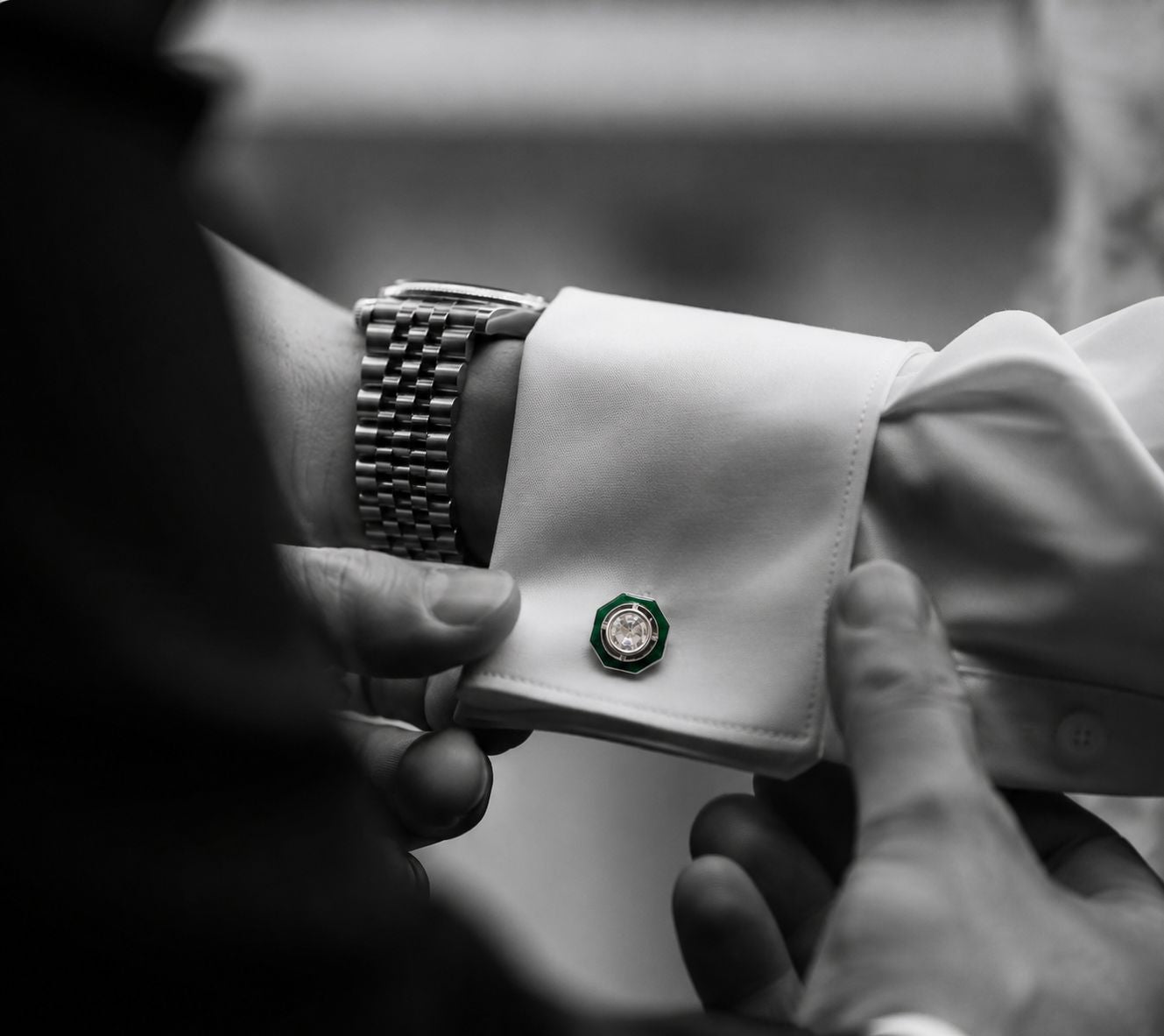 Green Enamel Bezel Setting Diamond White Gold Finish Mens Cufflink