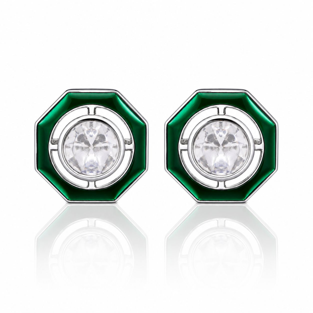 Green Enamel Bezel Setting Diamond White Gold Finish Mens Cufflink
