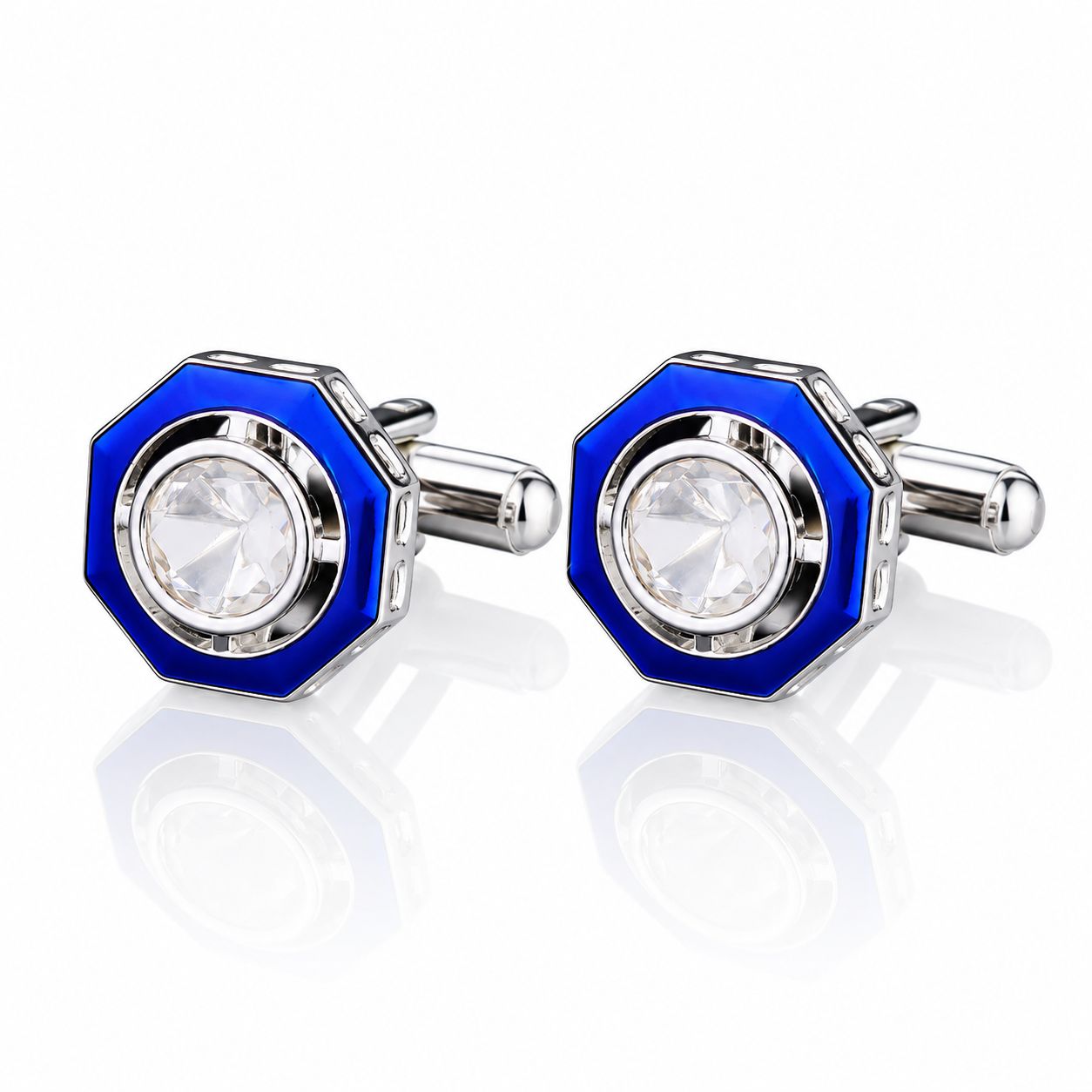 Glazed Blue Enamel Bezel Setting Polki Mens Cufflink Pair