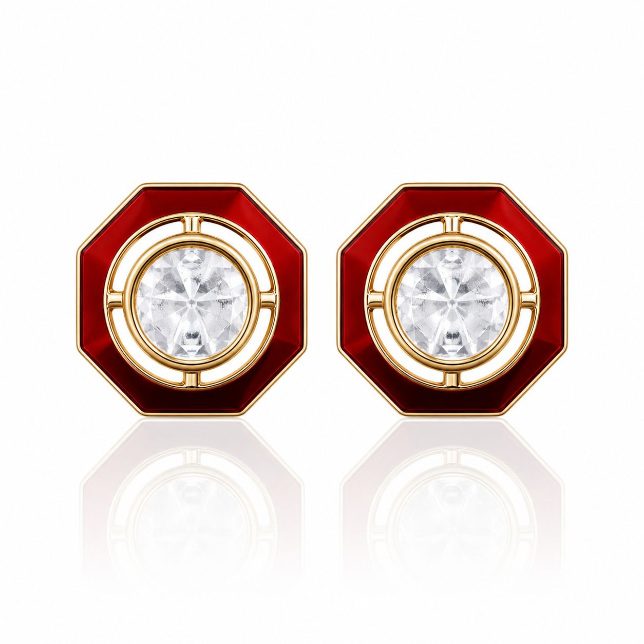 Red Enamel Bezel Setting Gold Finish Polki Diamond Mens Cufflink Pair