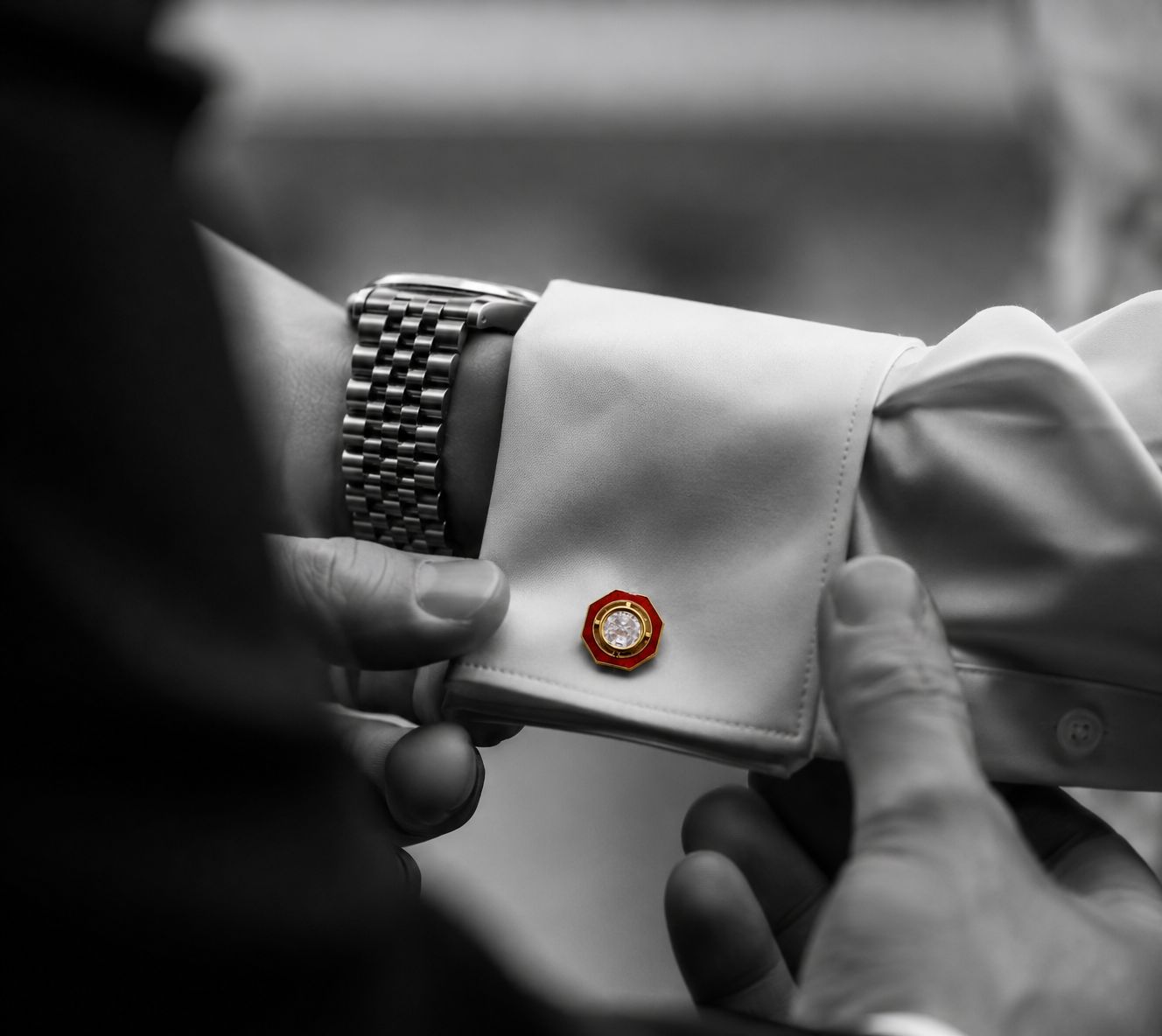 Red Enamel Bezel Setting Gold Finish Polki Diamond Mens Cufflink Pair
