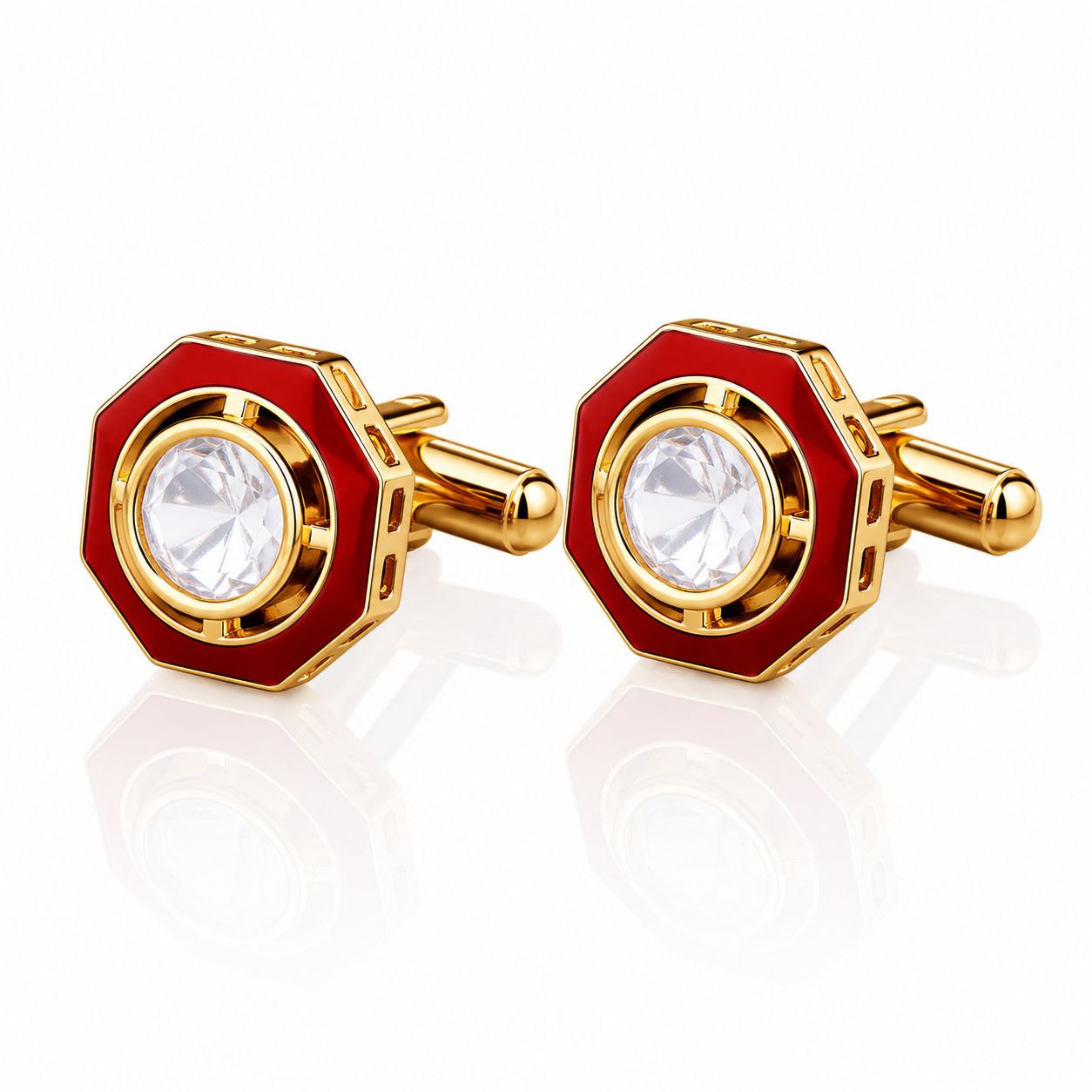 Red Enamel Bezel Setting Gold Finish Polki Diamond Mens Cufflink Pair