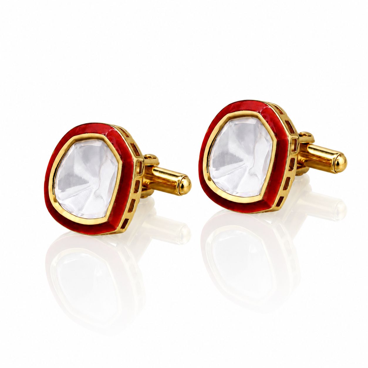 Glazed Red Enamel Gold Finish Polki Diamond Mens Cufflink Pair