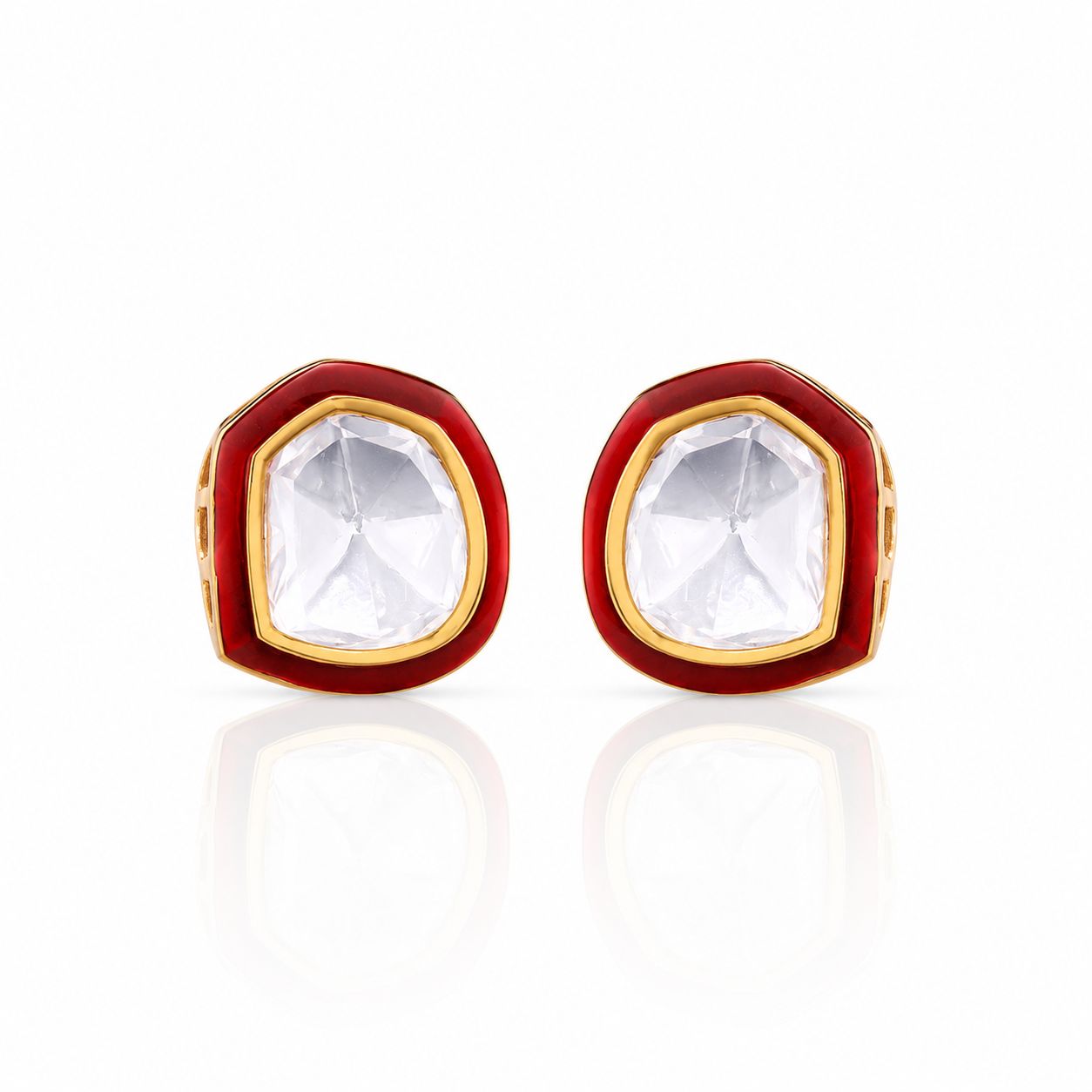 Glazed Red Enamel Gold Finish Polki Diamond Mens Cufflink Pair