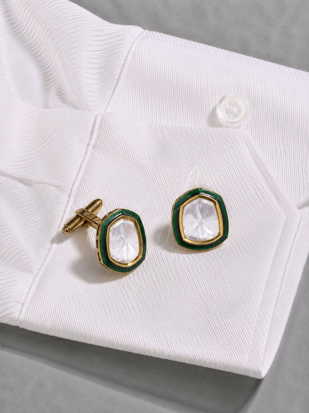 Emerald Green Enamel Gold Finish Polki Mens Cufflinks