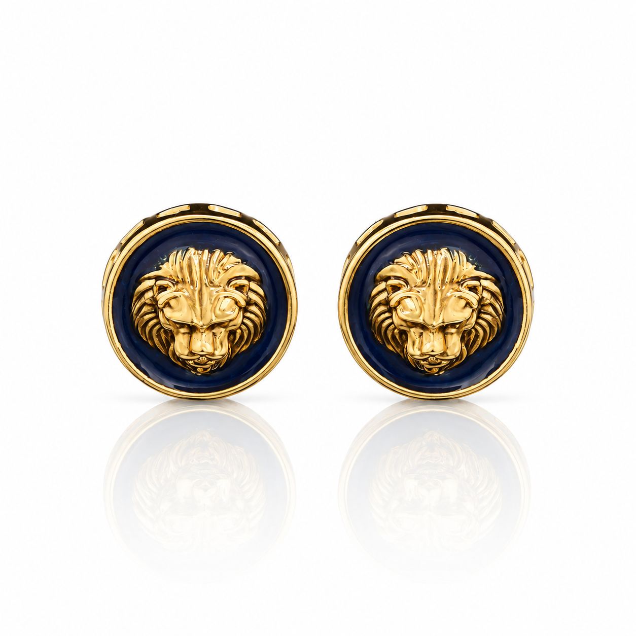 Navy Blue Enamel Gold Finish Lion Face Cufflink Pair