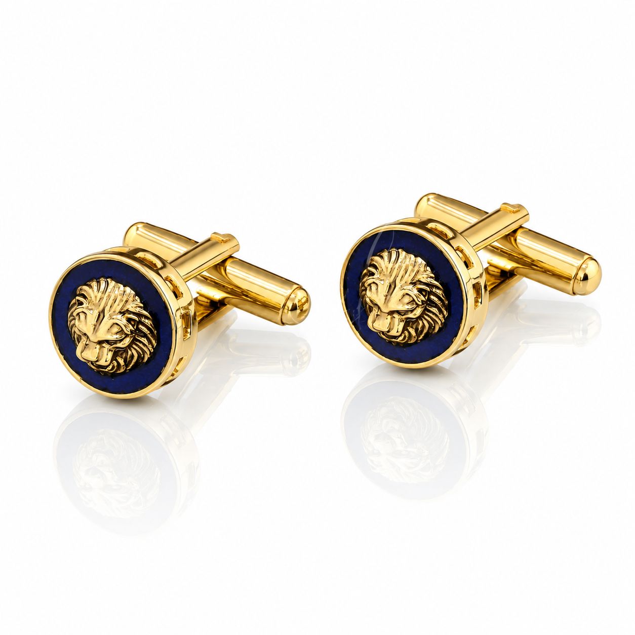 Navy Blue Enamel Gold Finish Lion Face Cufflink Pair
