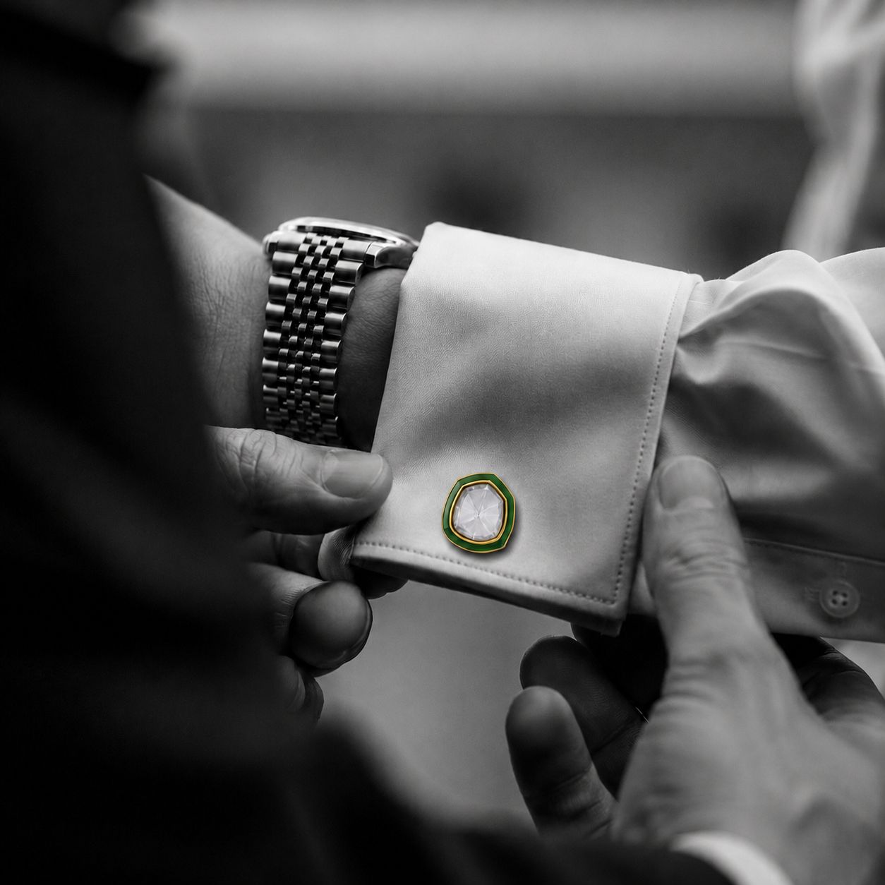 Emerald Green Enamel Gold Finish Polki Mens Cufflinks