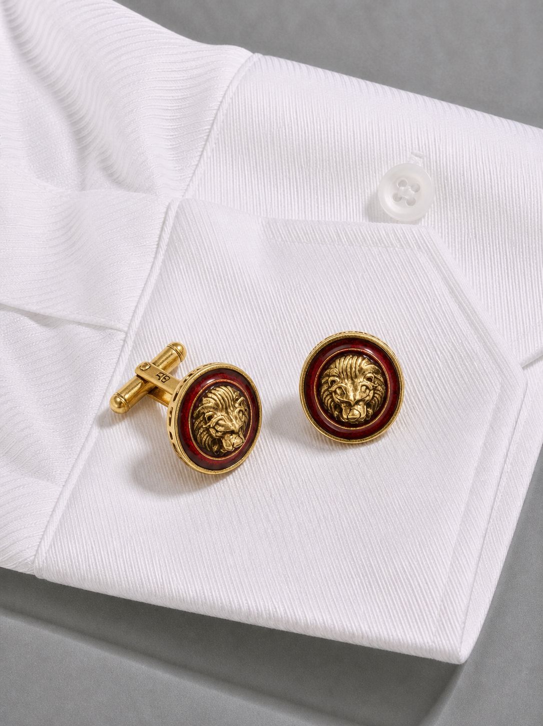 Red Enamel Lion Face Gold Finish Mens Cufflink Pair