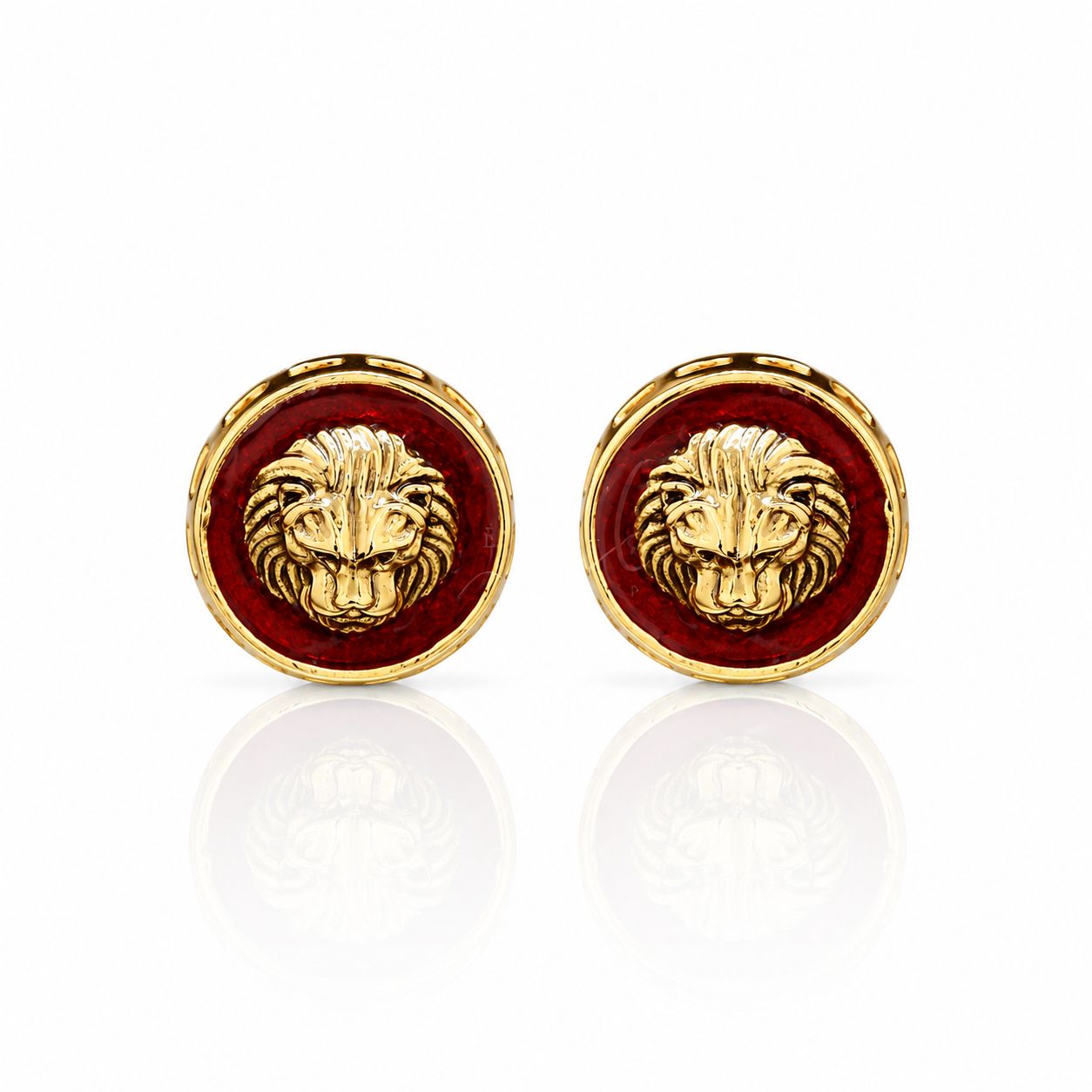 Red Enamel Lion Face Gold Finish Mens Cufflink Pair
