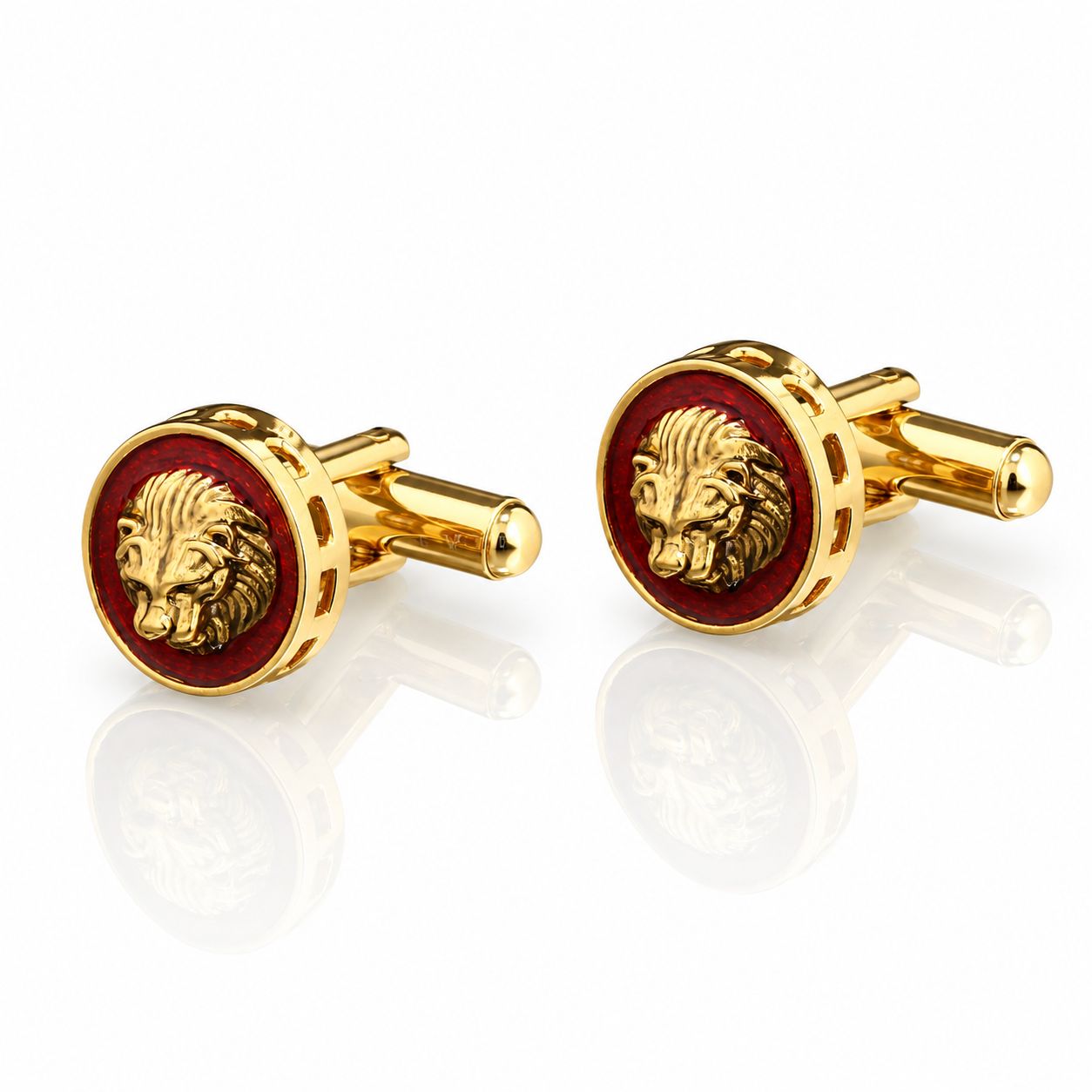 Red Enamel Lion Face Gold Finish Mens Cufflink Pair