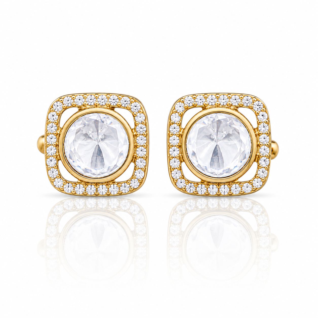 Square Gold Finish Polki Diamond Mens Cufflink with Diamond Cluster