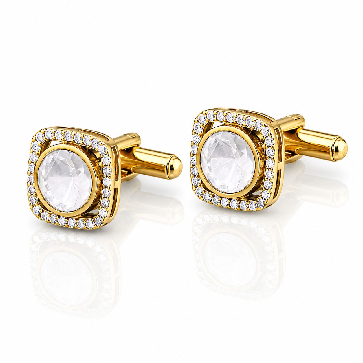 Square Gold Finish Polki Diamond Mens Cufflink with Diamond Cluster