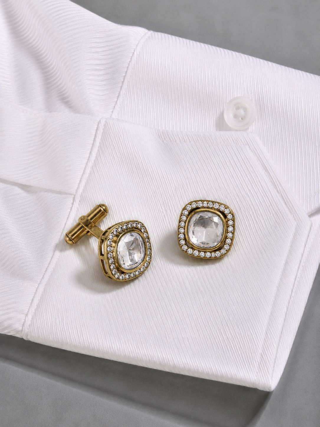 Square Gold Finish Polki Diamond Mens Cufflink with Diamond Cluster
