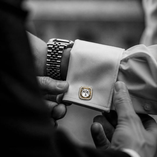 Square Gold Finish Polki Diamond Mens Cufflink with Diamond Cluster