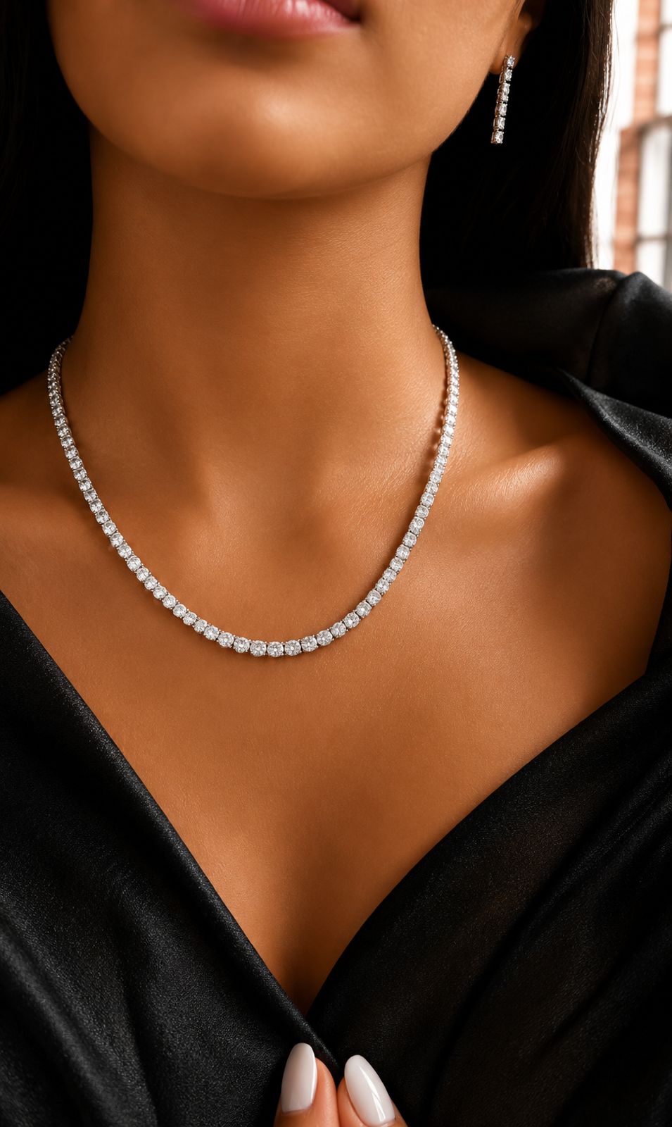 Classic Pointer Solitaire Single Line Necklace Set with Earrings