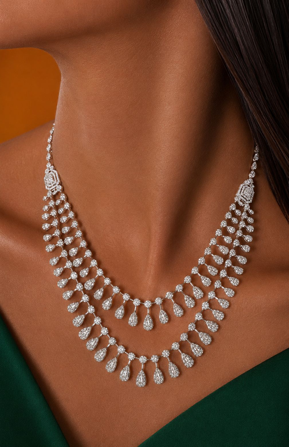 Premium Double Layered Pressure Setting Drop Dora Necklace Set with Earrings
