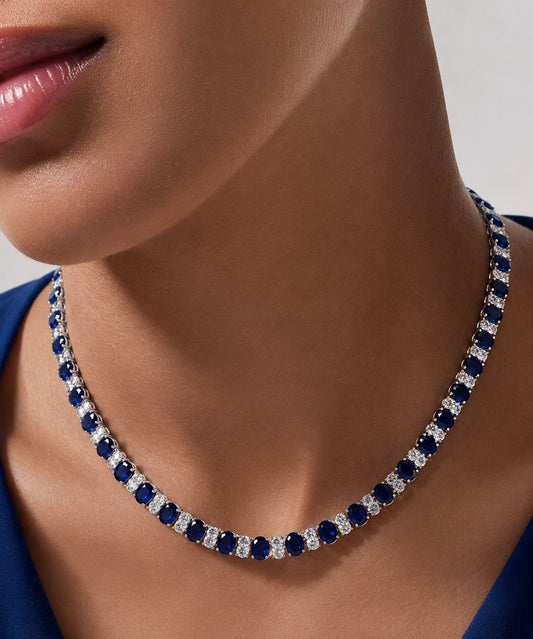 Premium Blue Sapphire and White Oval Diamond Solitaire Classic String Necklace Set
