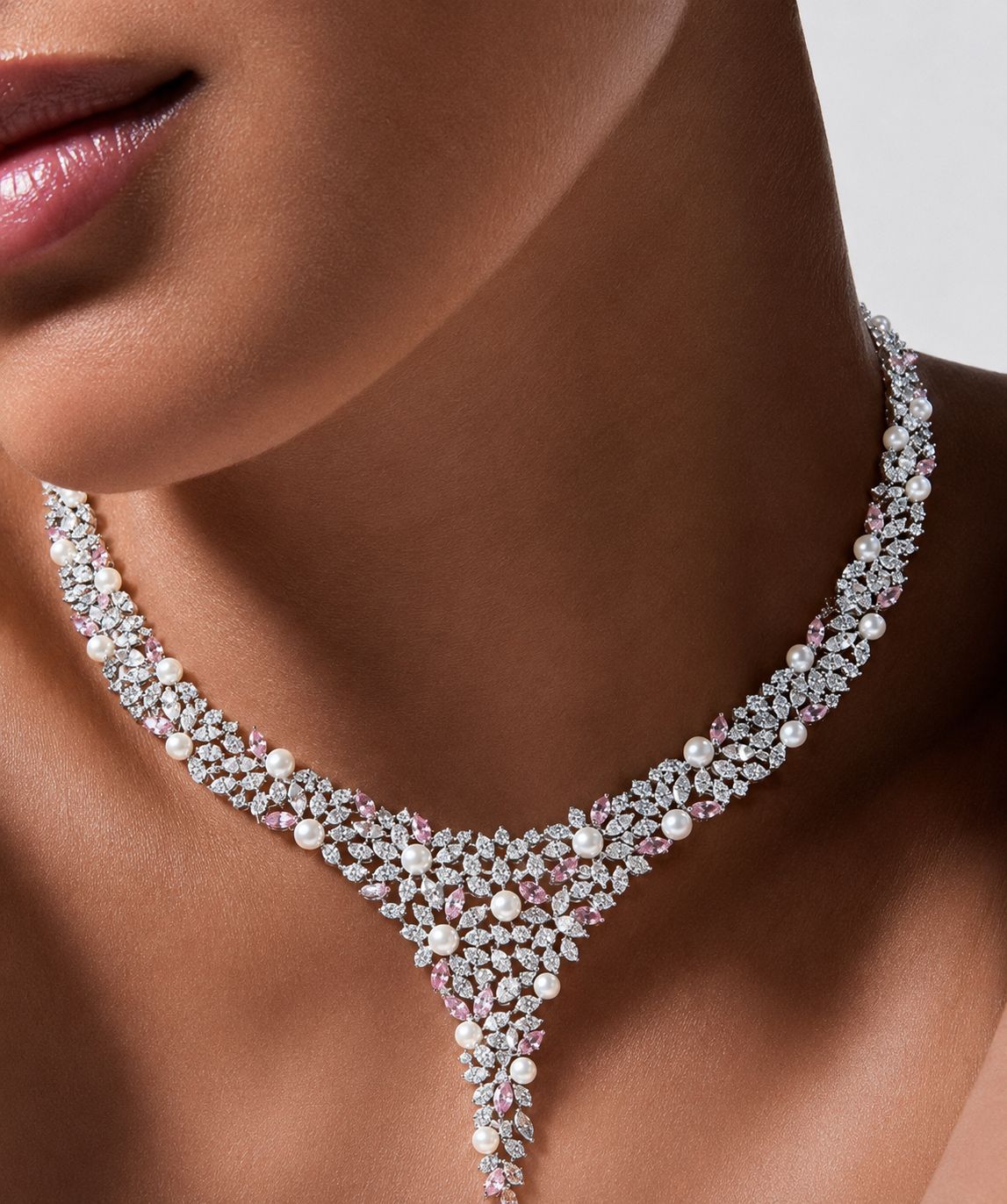 Premium Pink Marquise Diamond and Fresh Water Pearl Solace Cocktail Necklace Set with Earrings