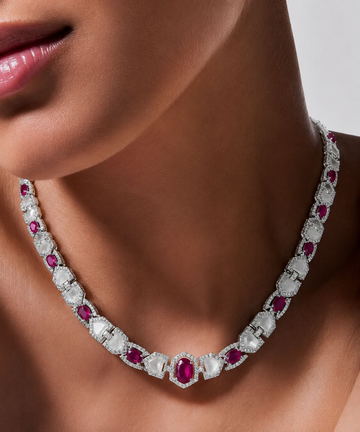 Premium Ruby and Mother of Pearl Janice Necklace Set with Earrings