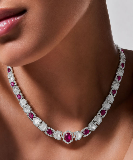 Premium Ruby and Mother of Pearl Janice Necklace Set with Earrings