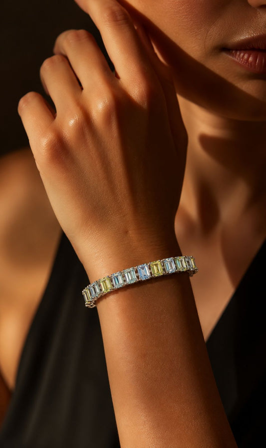 Yellow and White Emerald Cut Diamond Solitaire Anti Tarnish Womens Tennis Bracelet