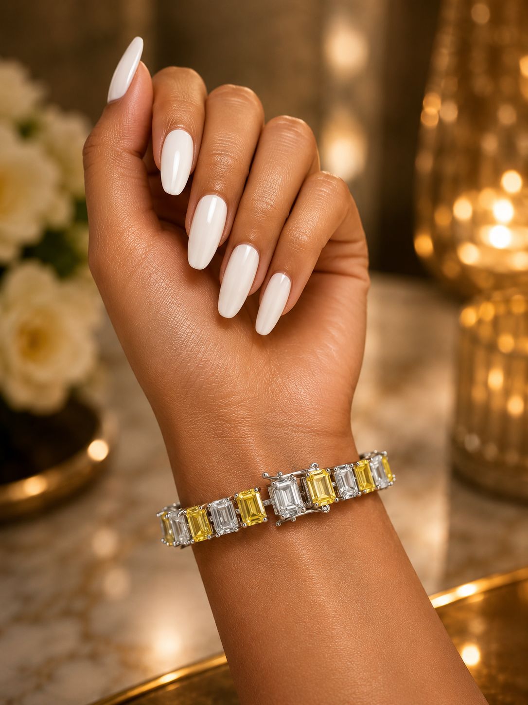 Yellow and White Emerald Cut Diamond Solitaire Anti Tarnish Womens Tennis Bracelet
