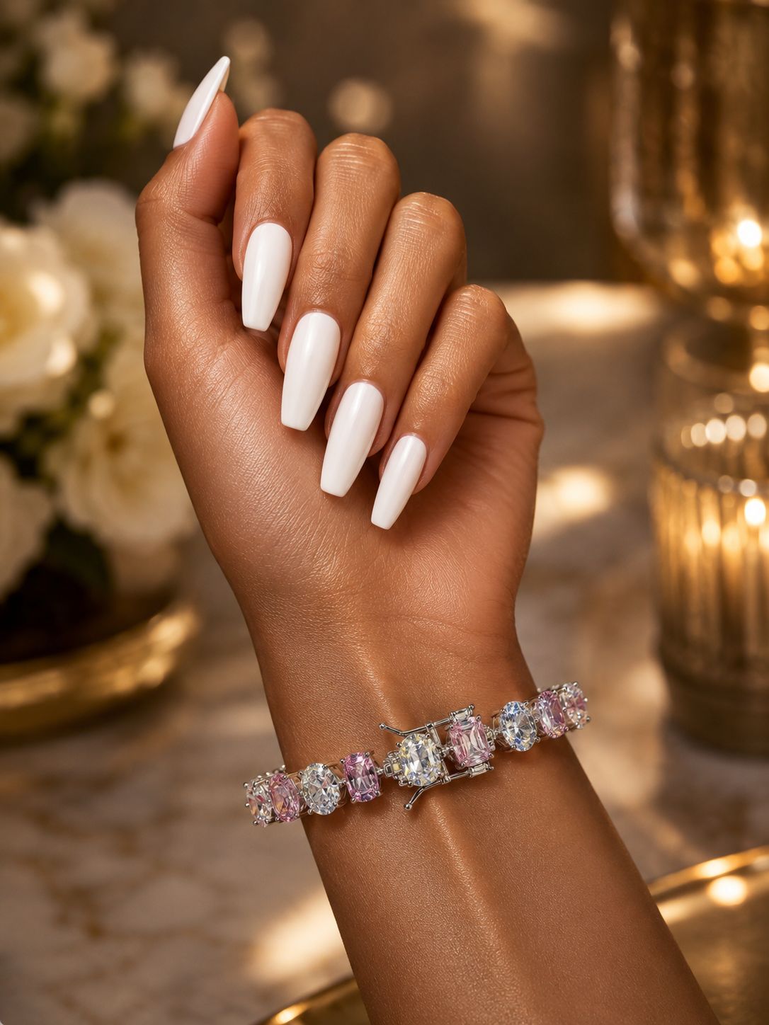 Pink and White Diamond Oval Cut Solitaire Anti Tarnish Tennis Bracelet for Women