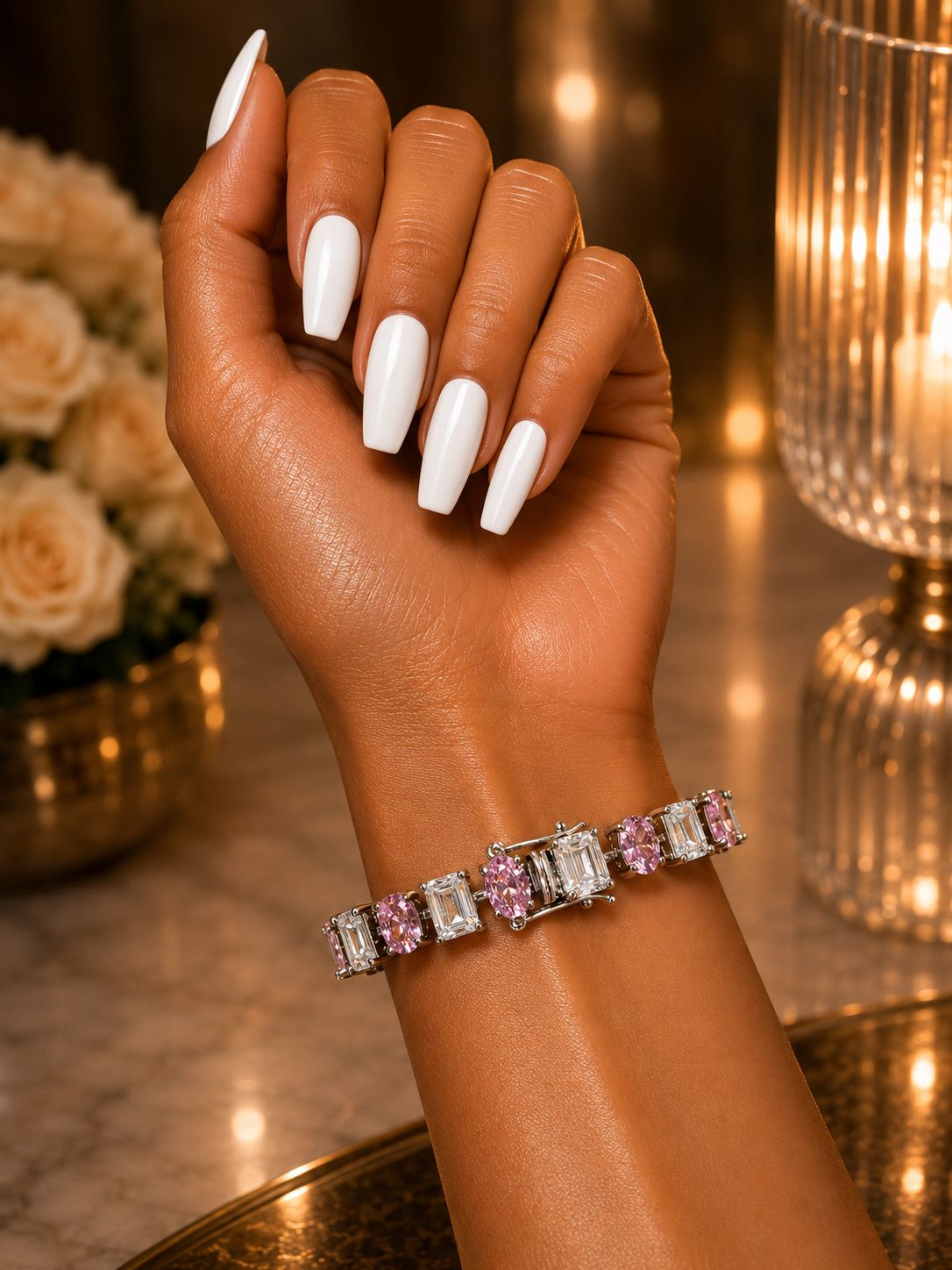Pink Oval Diamond and Emerald Cut Diamond Anti Tarnish Tennis Bracelet for Women