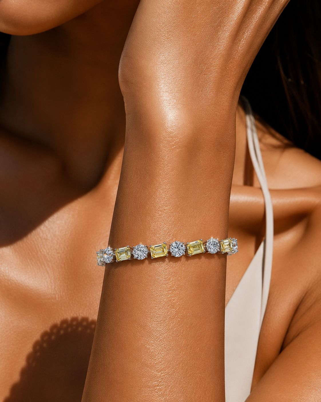 Yellow Diamond Emerald Cut and Round Cut Solitaire Diamond Anti Tarnish Tennis Bracelet for Women