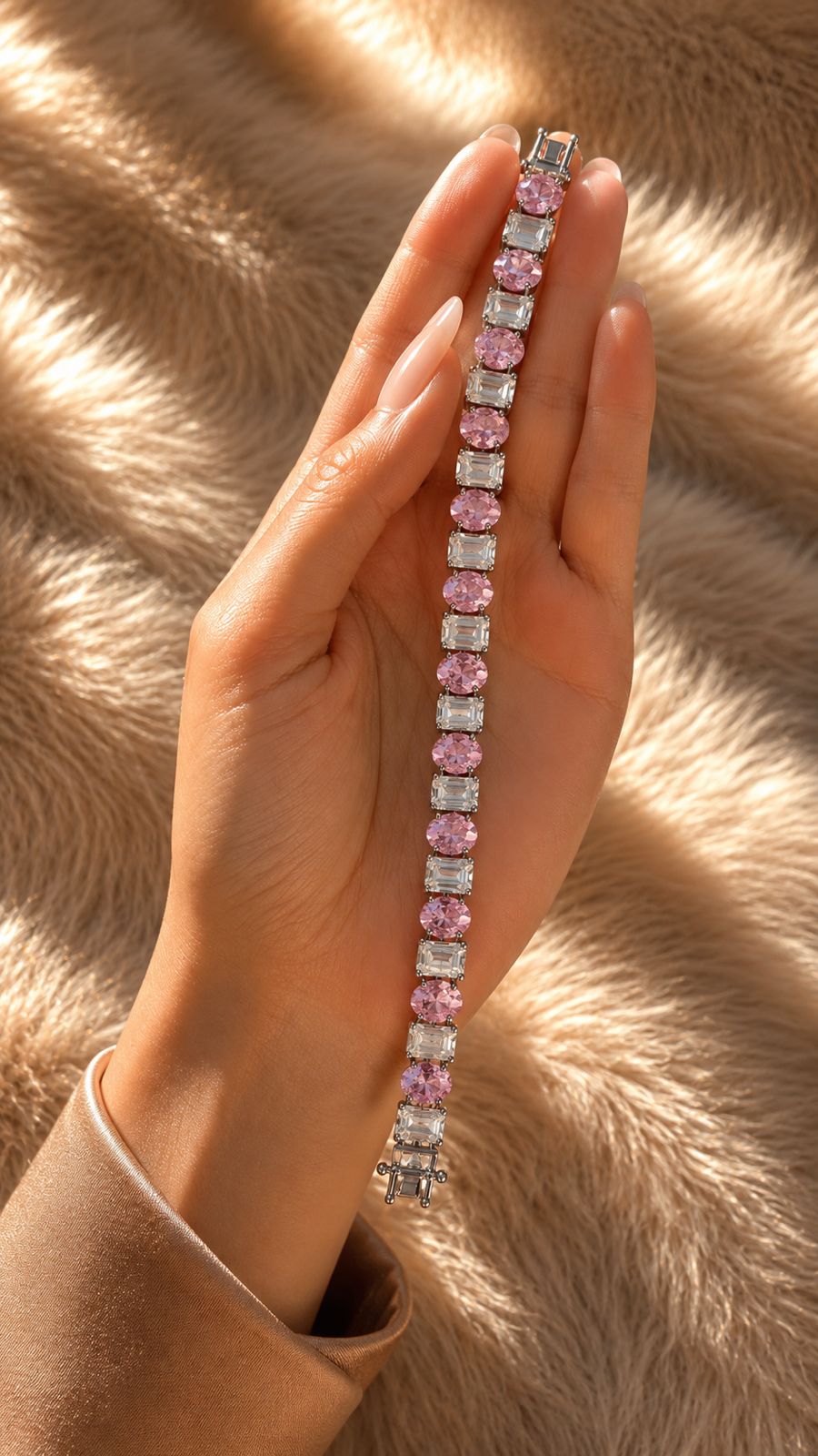Pink Oval Diamond and Emerald Cut Diamond Anti Tarnish Tennis Bracelet for Women