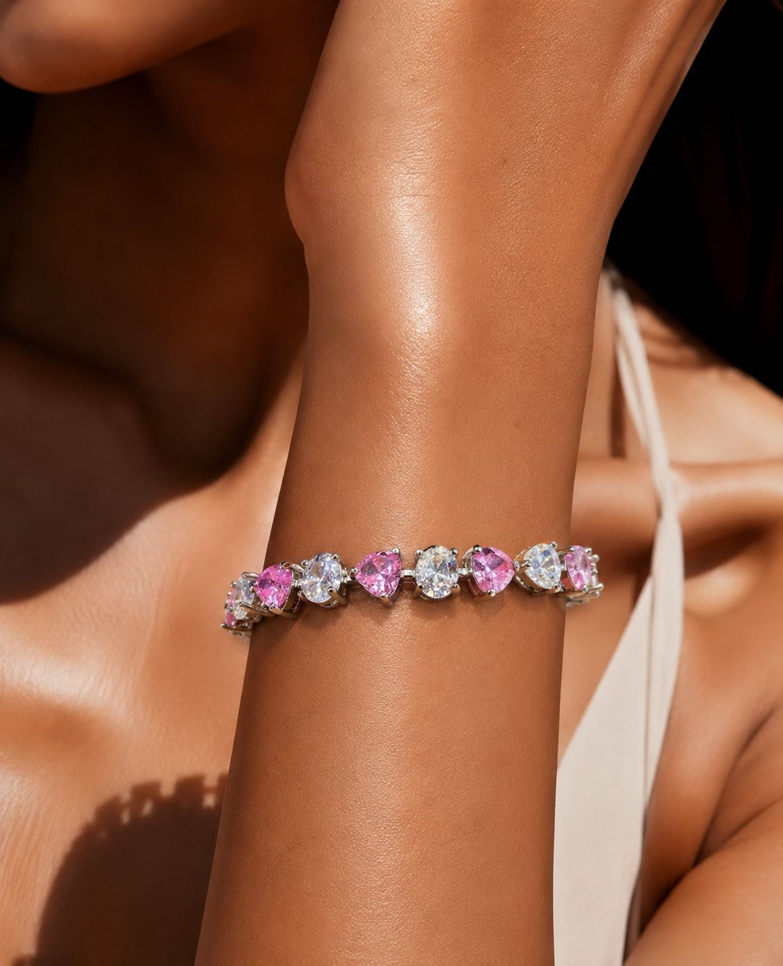 Pink Heart and Oval Cut Solitaire Anti Tarnish Womens Tennis Bracelet