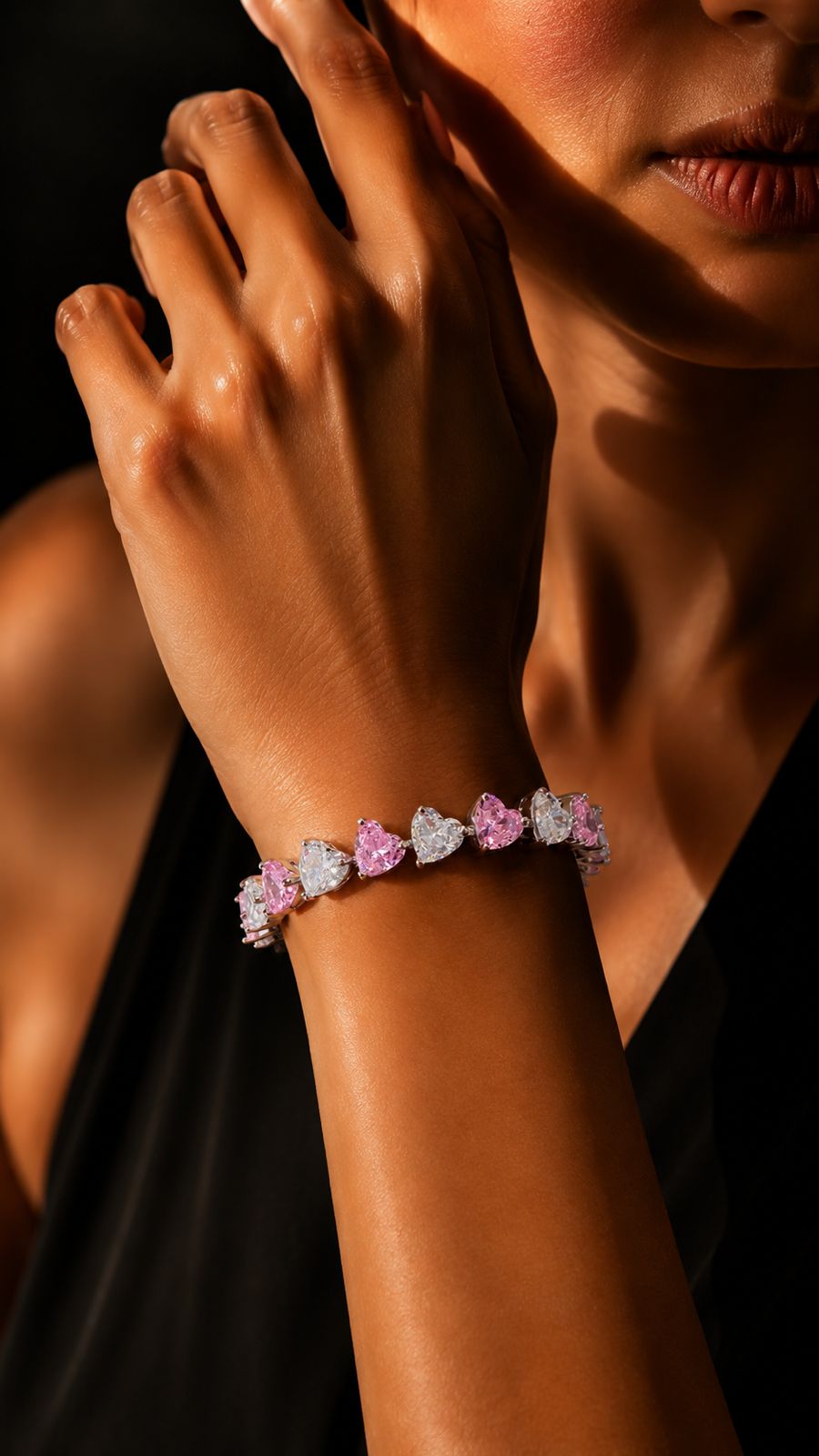 Pink and White Heart Solitaire Diamond Anti Tarnish Tennis Bracelet for Women