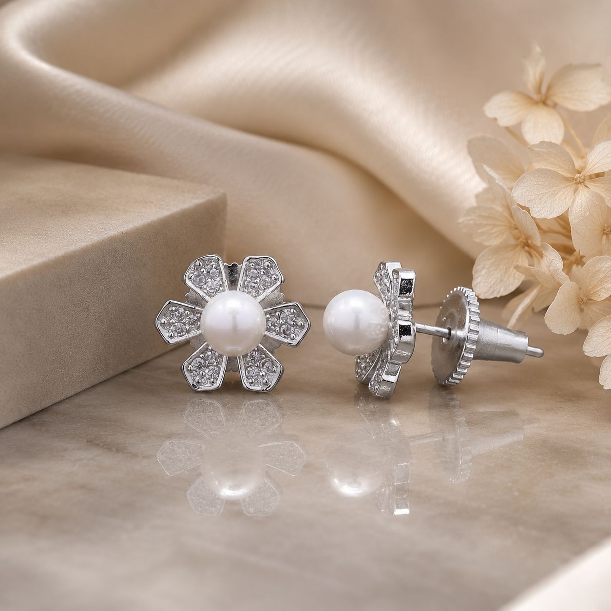 Fresh Water Pearl American Diamond Lily Studs