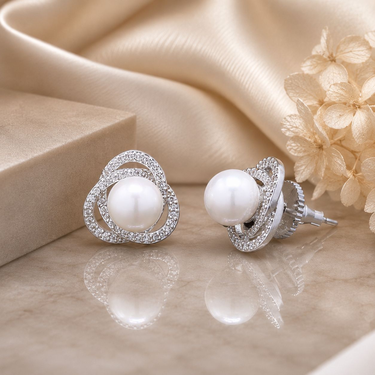 American Diamond Curvy Delna Fresh Water Pearl Studs