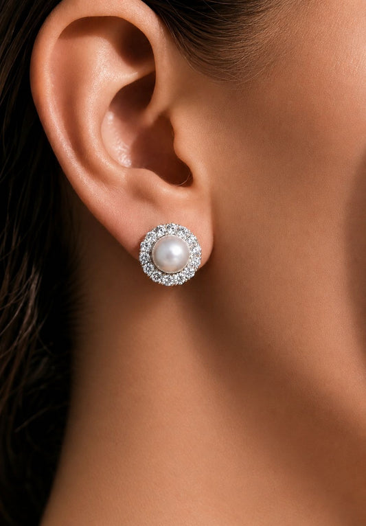 Classic Ellora American Diamond and Fresh Water Pearl Studs