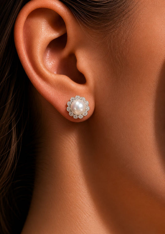 Floral Dolla American Diamond Fresh Water Pearl Studs