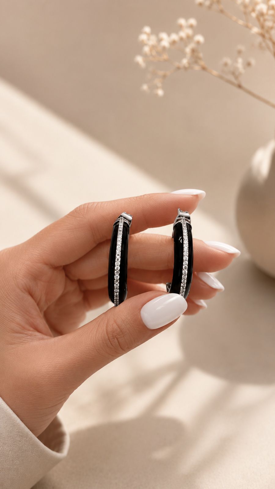Premium Diamond Studded Black Enamel Women’s Hoop Earrings