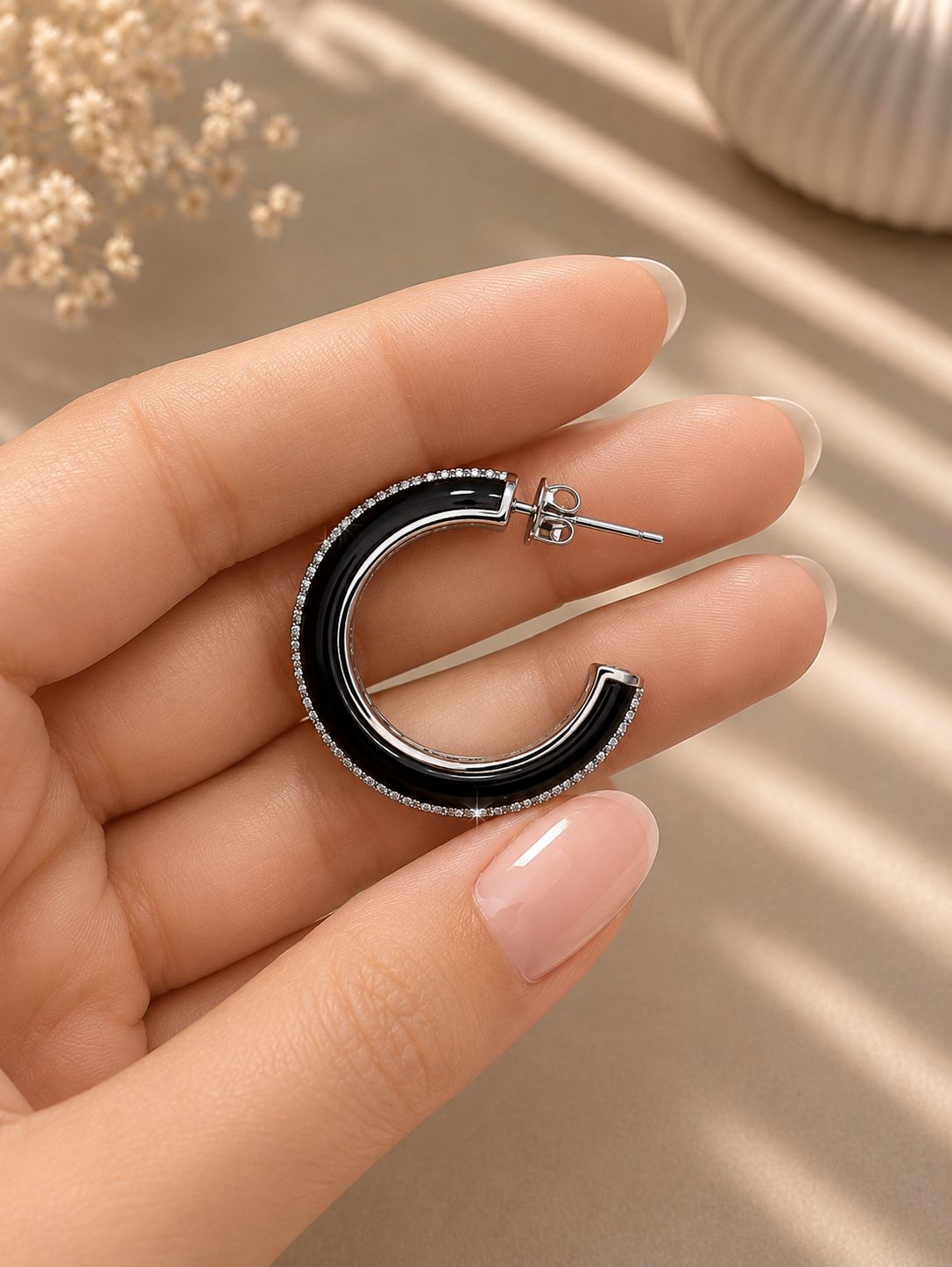 Premium Diamond Studded Black Enamel Women’s Hoop Earrings