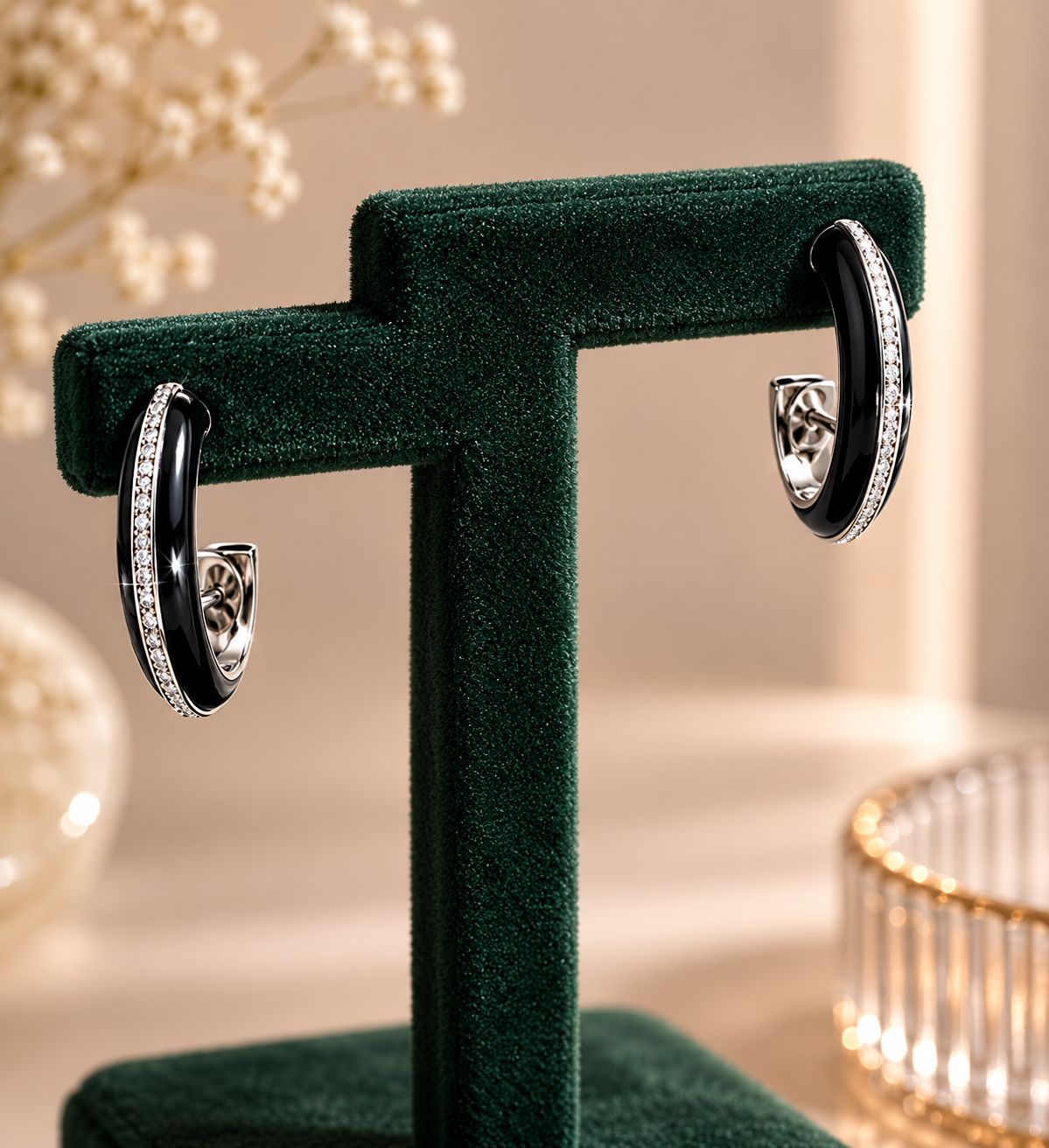 Premium Diamond Studded Black Enamel Women’s Hoop Earrings