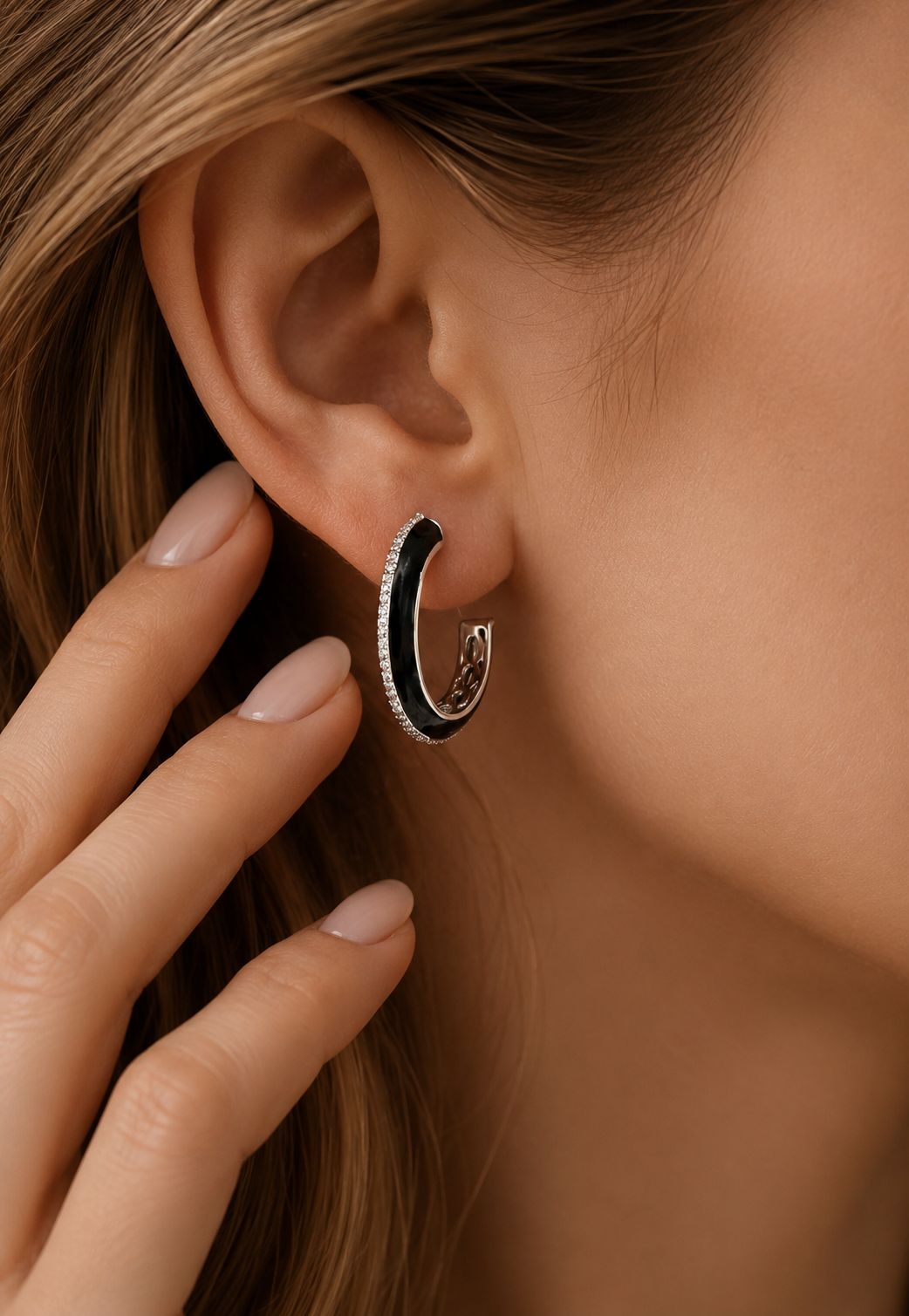 Premium Diamond Studded Black Enamel Women’s Hoop Earrings