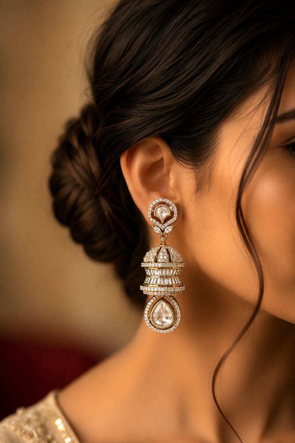 Festive Exclusive Antique Gold Finish 3 Layered Premium Moissanite Polki Jhumki Earrings