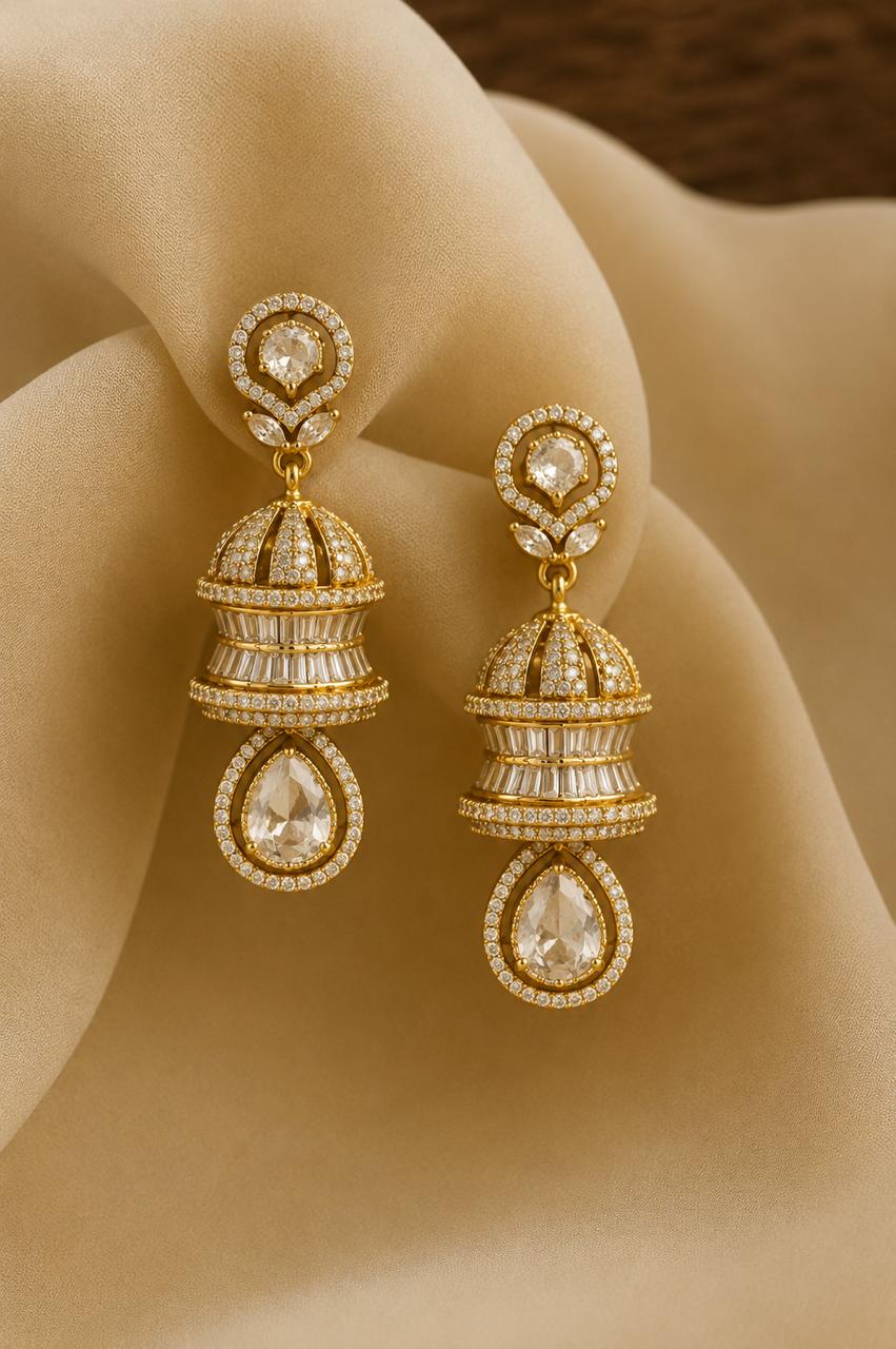 Festive Exclusive Antique Gold Finish 3 Layered Premium Moissanite Polki Jhumki Earrings