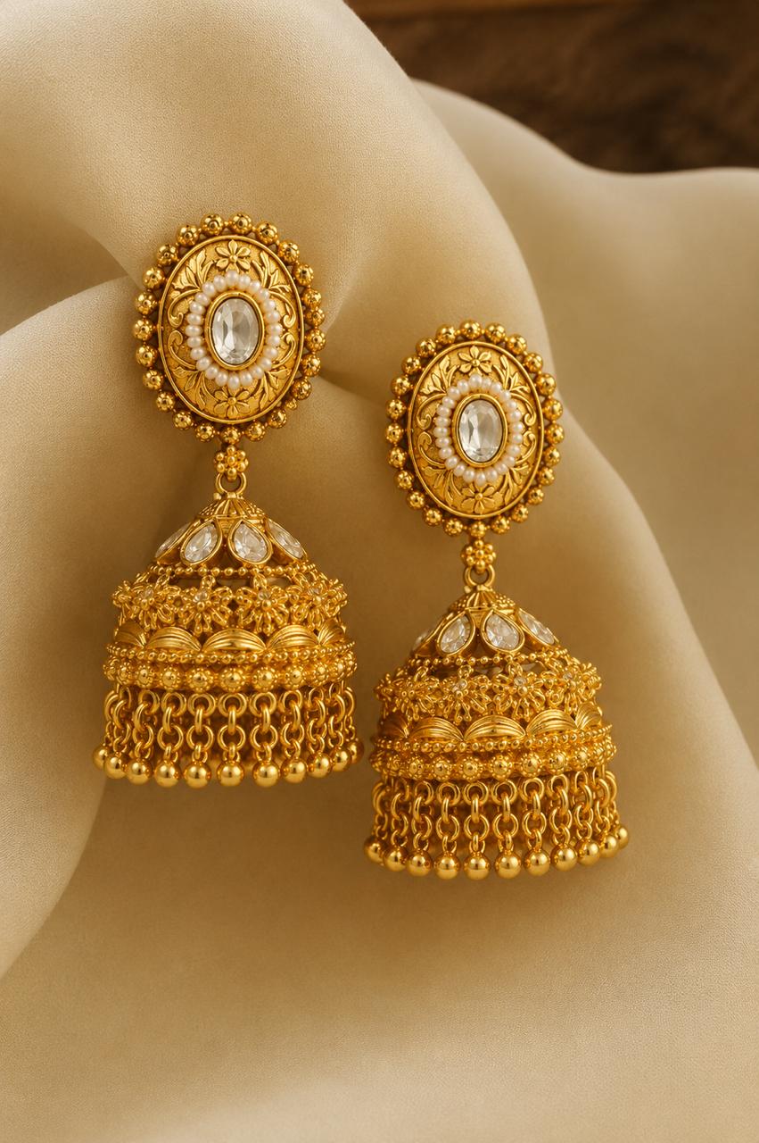 Traditional Janki Jhumka Earrings with Polki and Pearl Bead Detailing