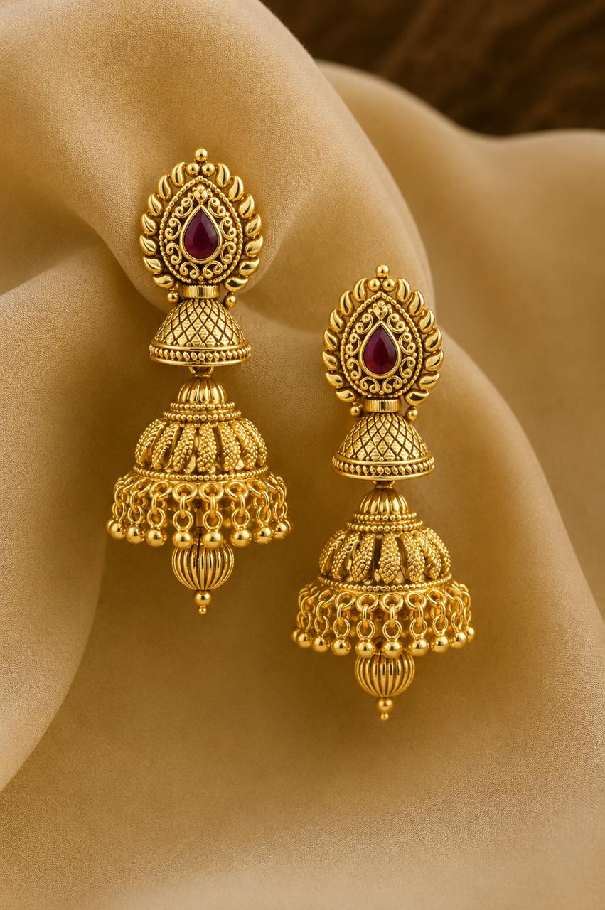 Festive Exclusive Gold Finish Double Layer Nitya Jhumki with Ruby Detaling
