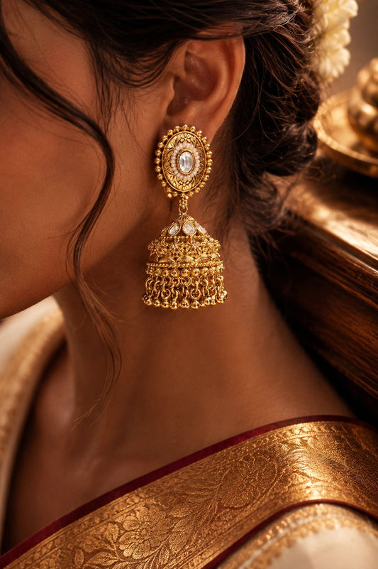 Traditional Janki Jhumka Earrings with Polki and Pearl Bead Detailing