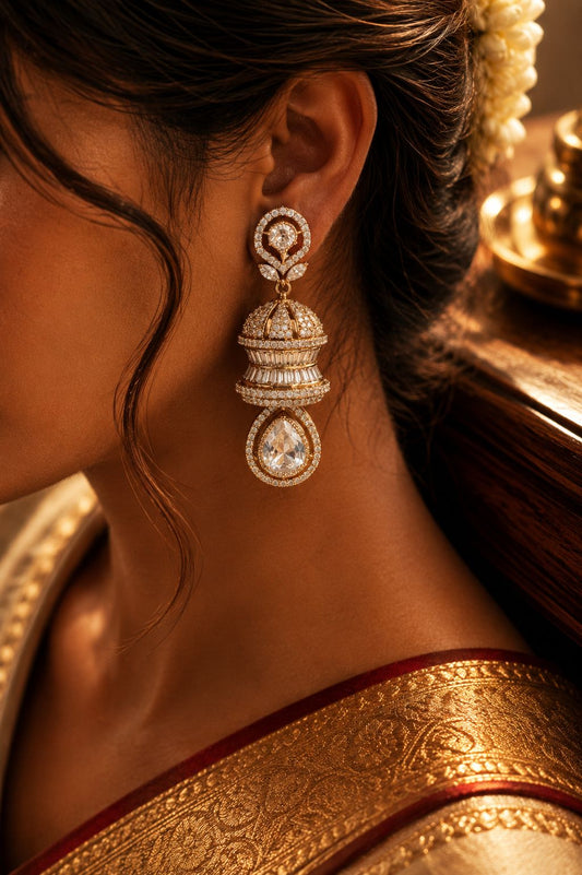 Festive Exclusive Antique Gold Finish 3 Layered Premium Moissanite Polki Jhumki Earrings