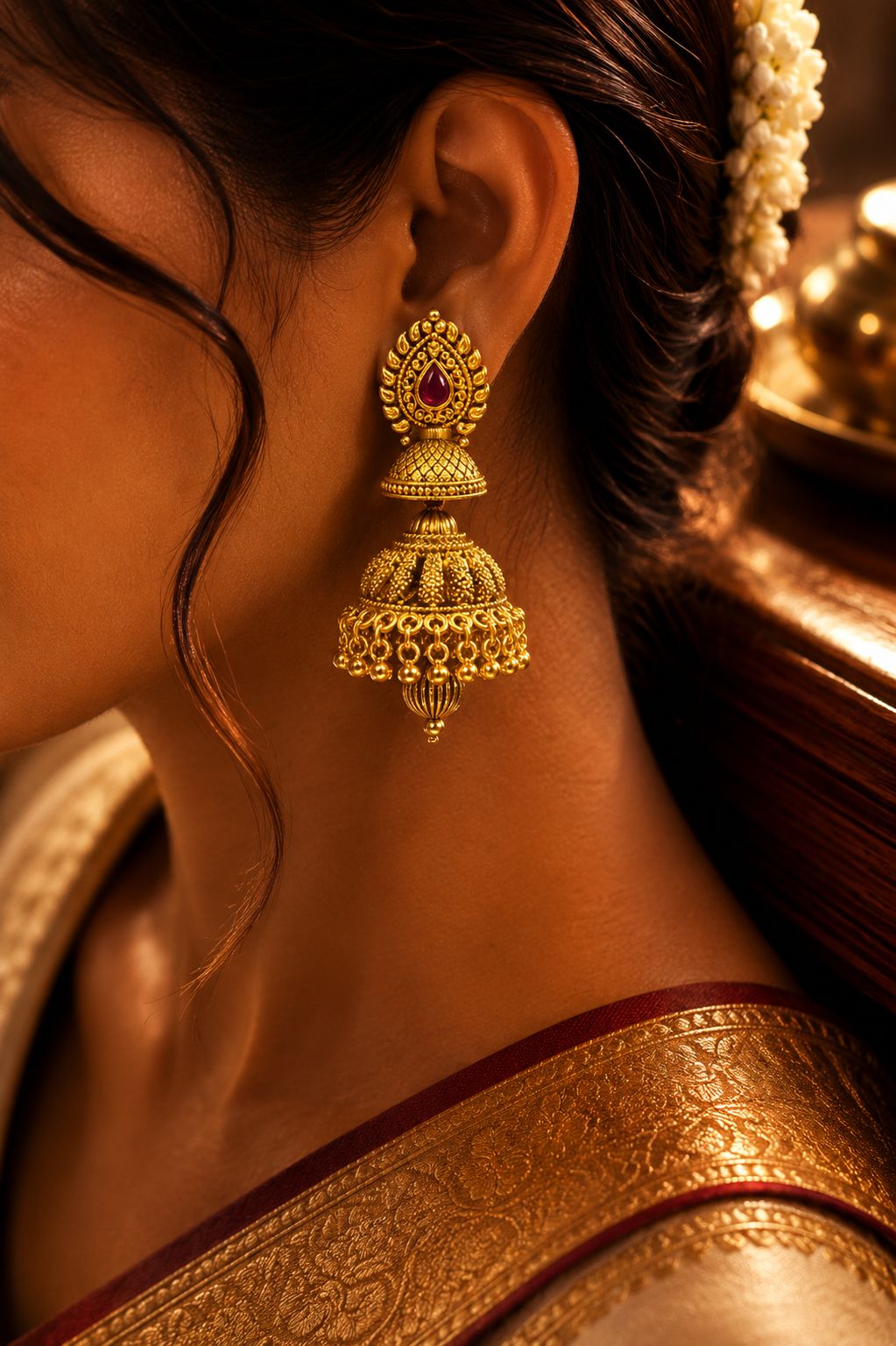 Festive Exclusive Gold Finish Double Layer Nitya Jhumki with Ruby Detaling