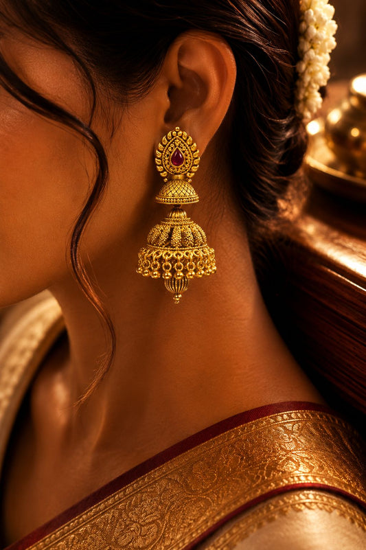 Festive Exclusive Gold Finish Double Layer Nitya Jhumki with Ruby Detaling
